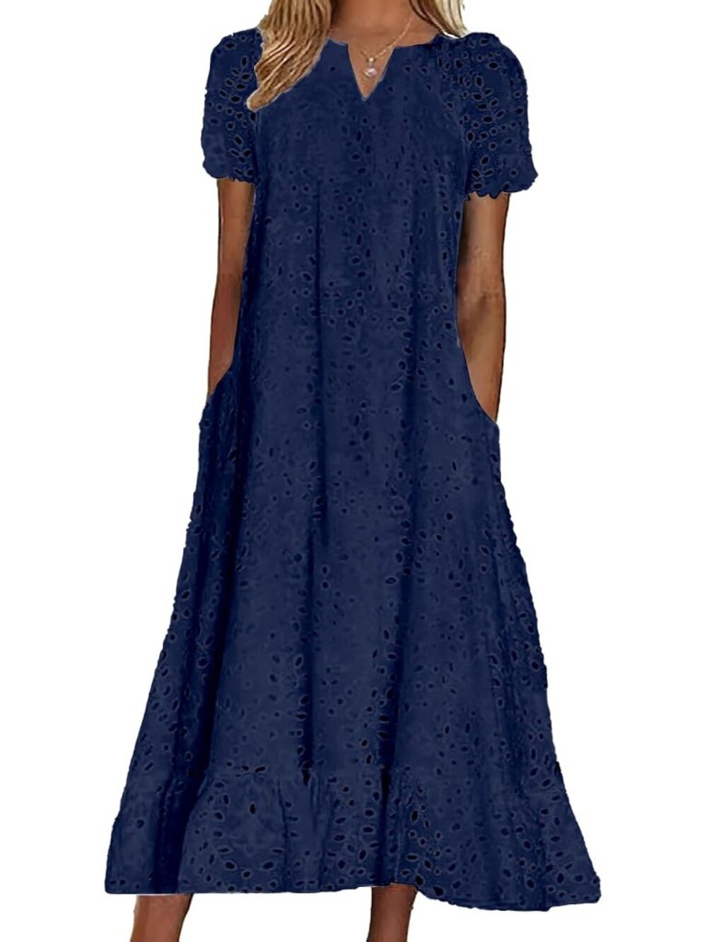 Women Summer Ruffle Hem Floral Lace Eyelet Dress Casual Notch Neck Midi Tunic Dr